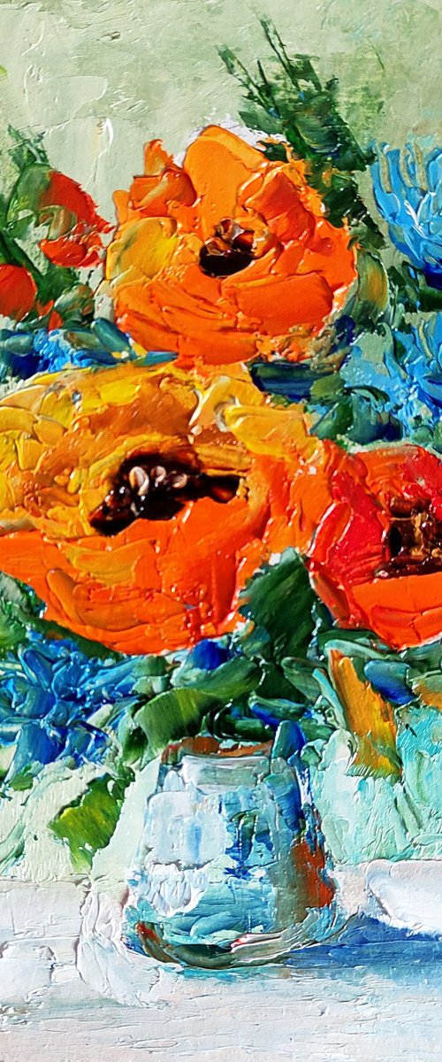 Poppies, Floral Painting Original Art Small Oil Artwork Bouquet of Flowers Wall Art by Yulia Berseneva