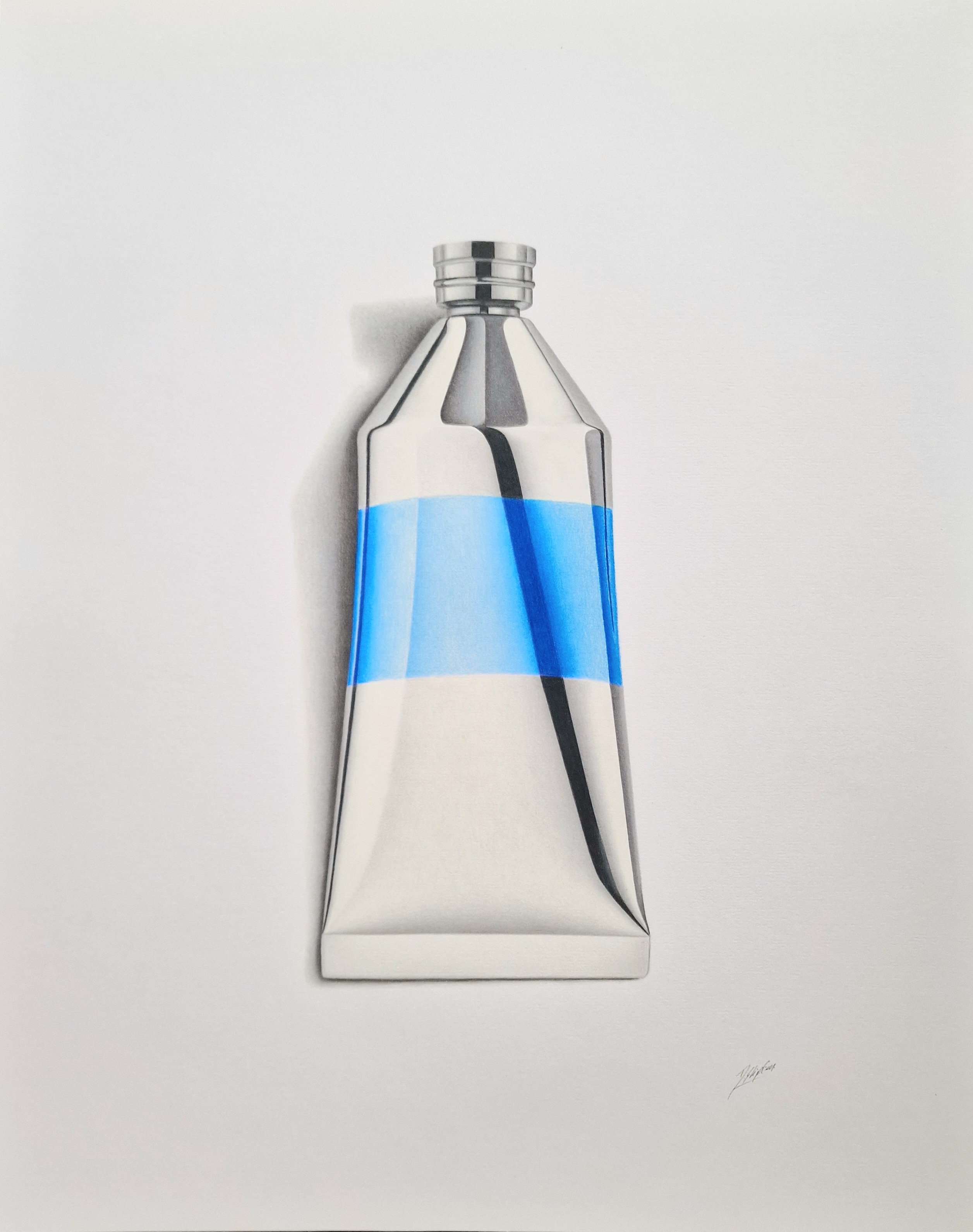 Urban And Pop Still Life Pencil Drawing By Daniel Shipton, 16 X 20, Tube Of Blue Paint, Original Artwork