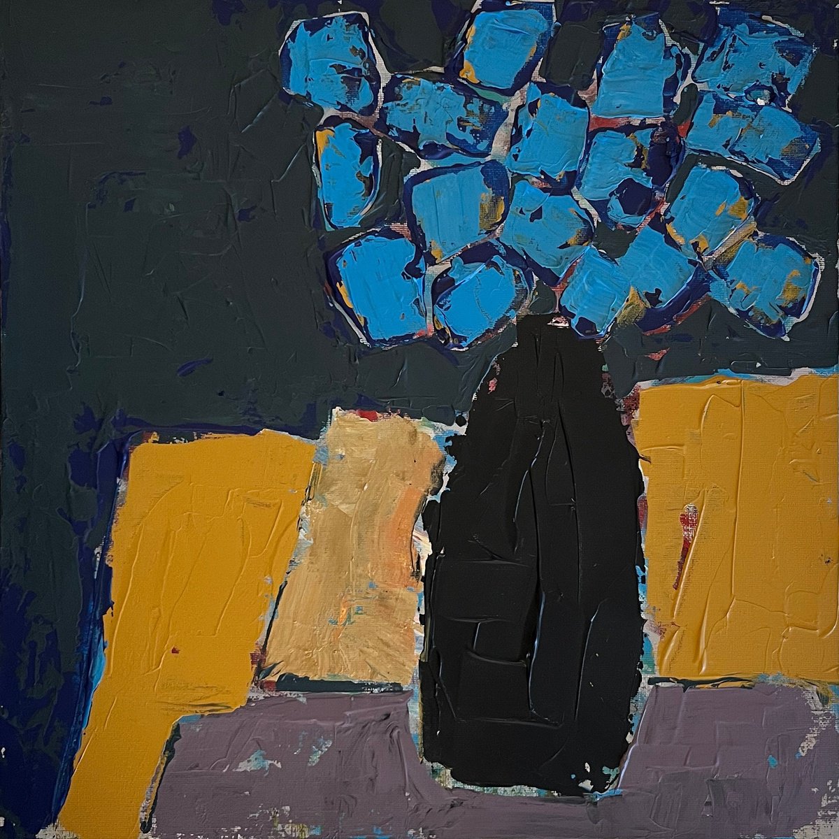 Naive Botanical Acrylic Painting By Nick Molloy, 16 X 16", Flowers And Vase #7, Original Artwork