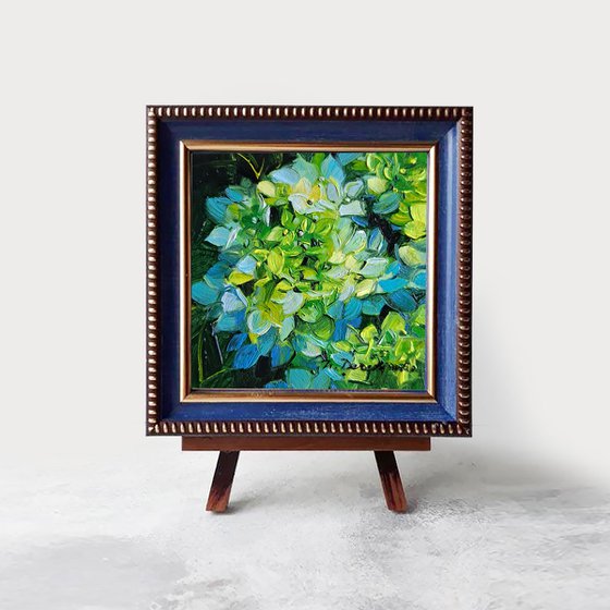 Hydrangea flowers oil painting original, Green blue flower small painting framed