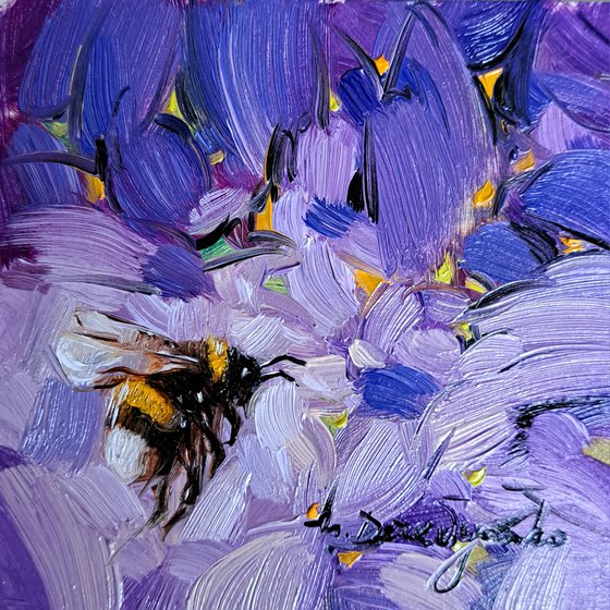 Bumblebee oil painting original small framed, Bee art small painting framed picture