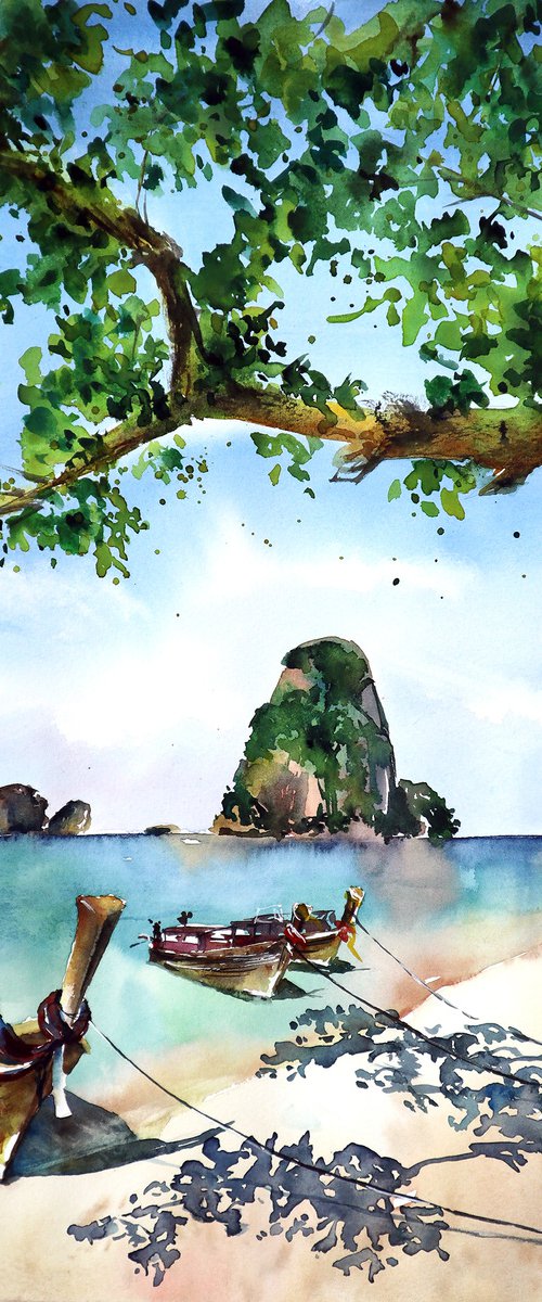 ORIGINAL Watercolor Painting of Thailand - Exotic Nature - Tropical Landscape - Ocean Palms by Yana Shvets