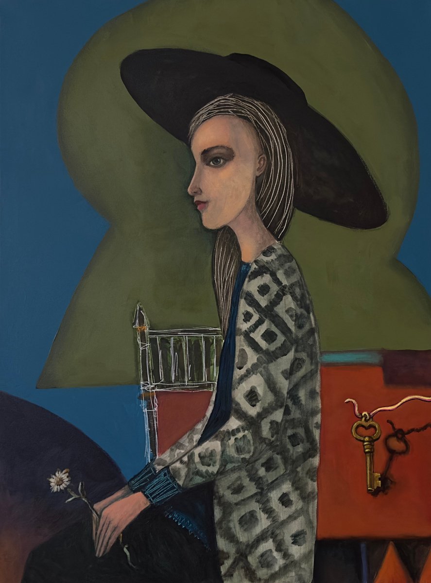 Naive Portrait Acrylic Painting By Nikola Gulev, 20 X 28", He Loves Me - He Loves Me Not, Original Artwork