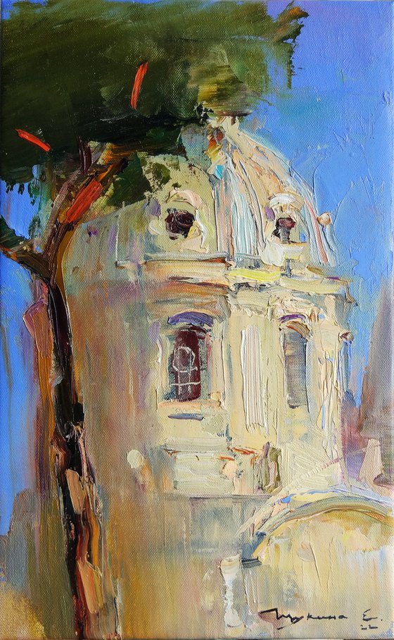 Temple in Piazza Venezia, Rome. From the Roman Holiday series. Original plein air oil painting .