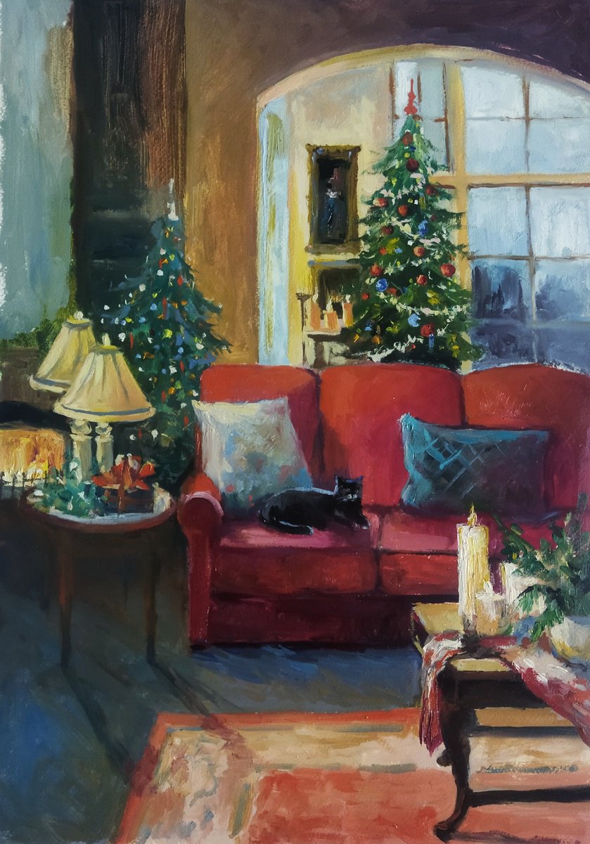 Impressionistic Abstract Oil Painting By Ann Krasikova, 12 X 17, Christmas Interior With Cat, Original Artwork