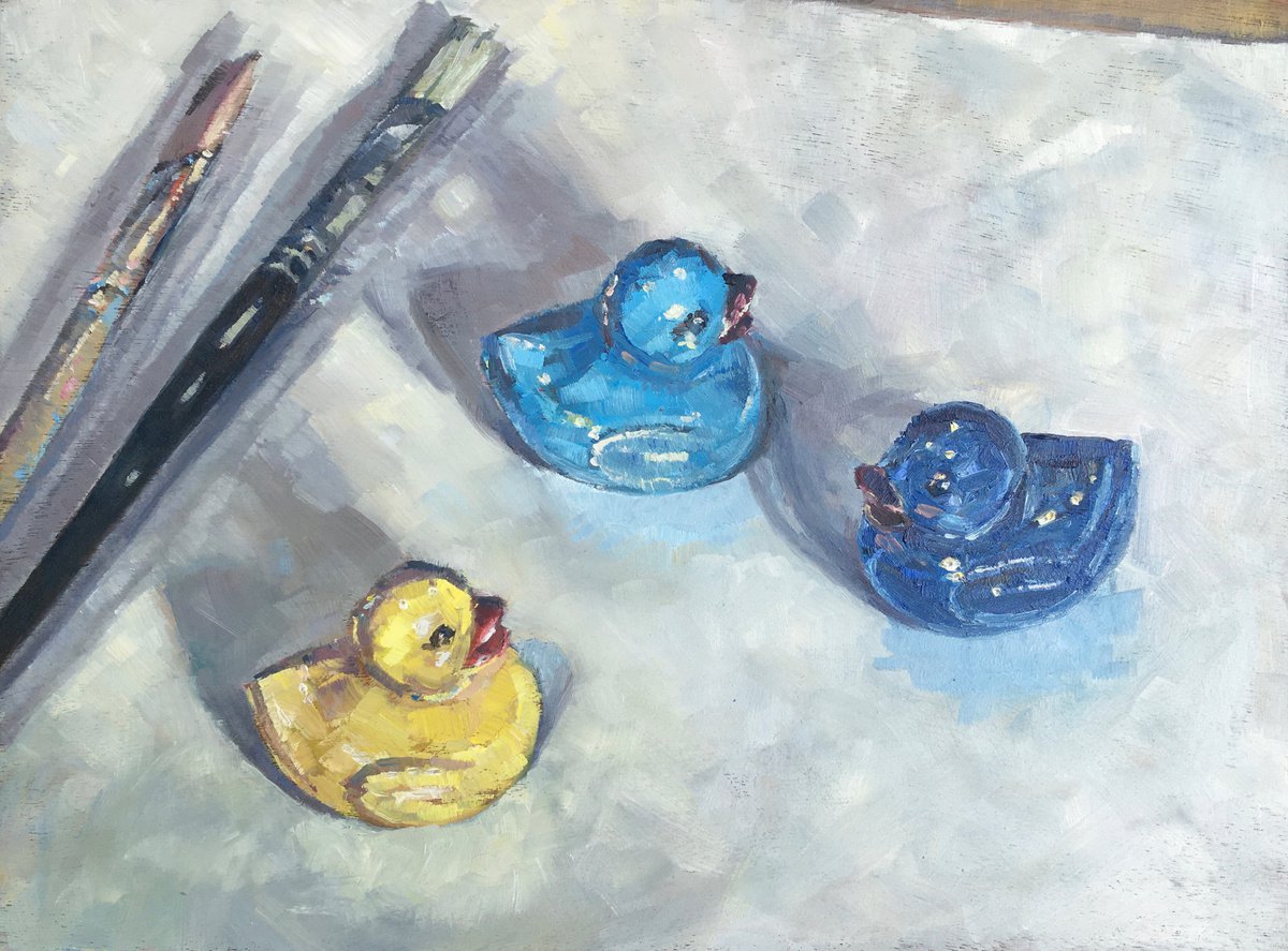 Rubber ducks, swimming against the tide by Louise Gillard