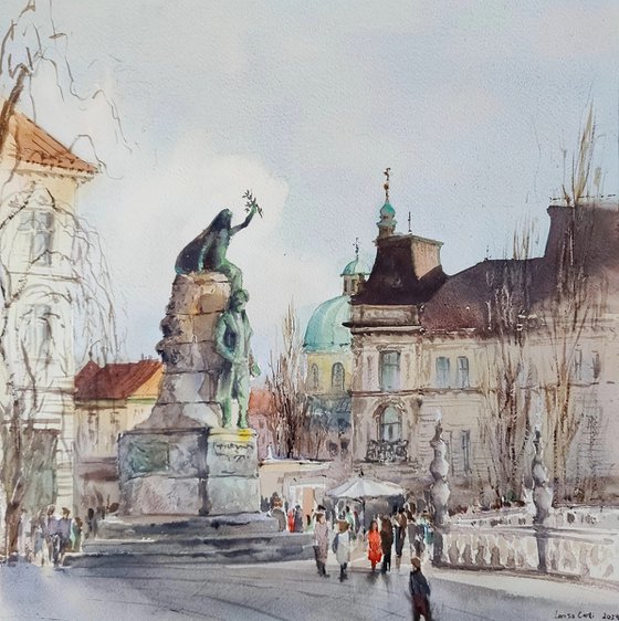 Slovenia Ljubljana original watercolor of Prešeren Square, Mediterranean Europe Impressionistic City Wall art