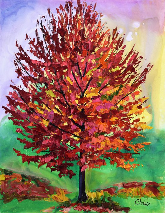 Autumn Tree in Burgundy & Salmon