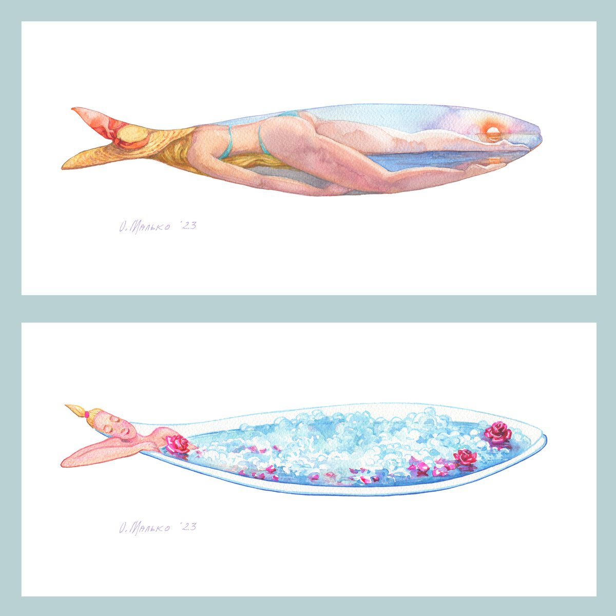 Illustrative Animal Watercolour By Olha Malko, 17 X 16", In The Gentle Sunrays 42X20Cm (~16.5X8In). A Rose Relaxation 42X20Cm (~16.5X8In). Set From The Series My Sardines / Original Art Fish Picture, Artfinder