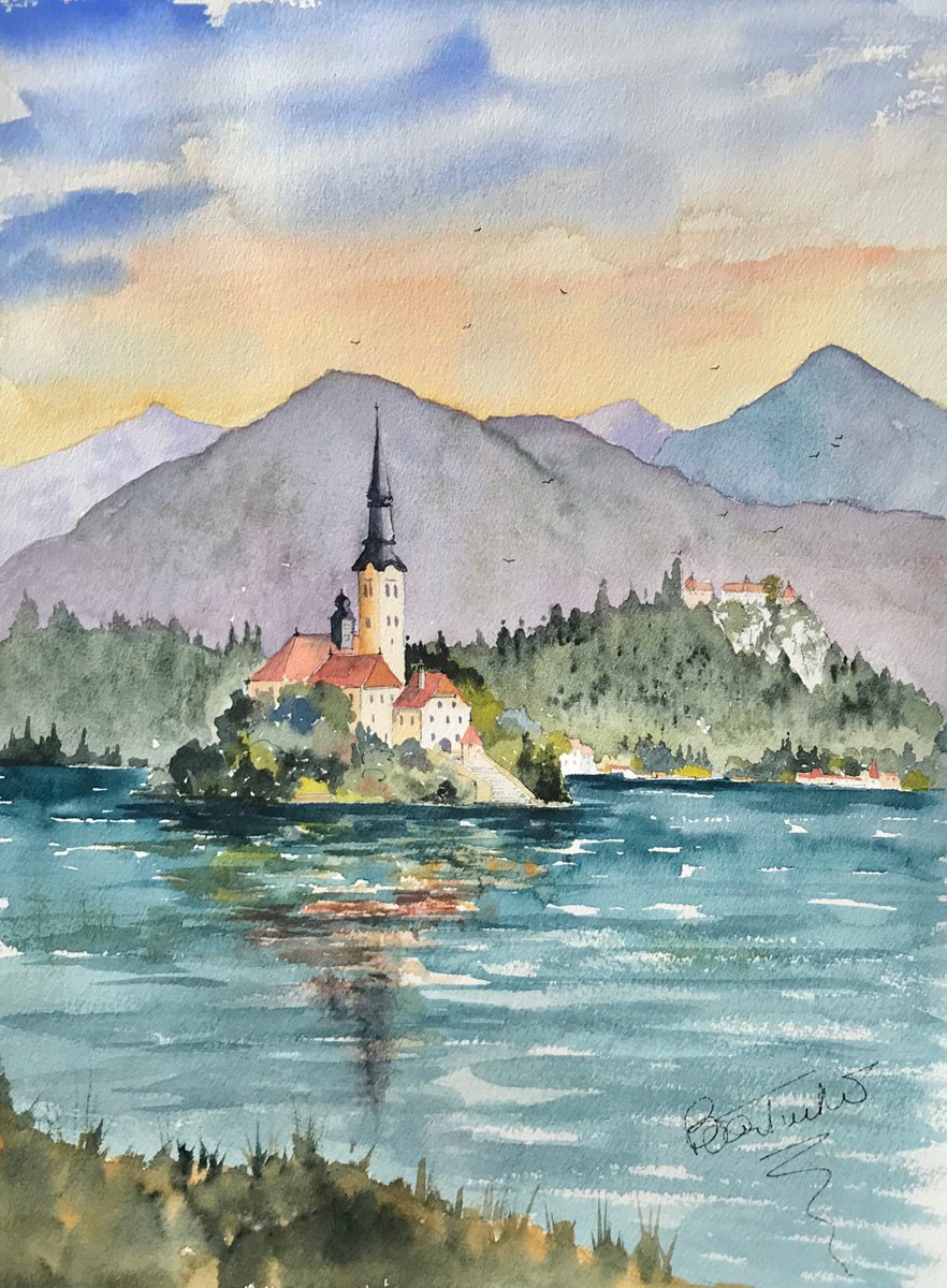 Impressionistic Landscape Watercolour By Brian Tucker, 12 X 16, Evening Glow At Lake Bled, Original Artwork
