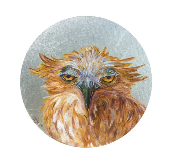 Bird original oil painting - Eagle-owl funny portrait - Silver leaf art - Round canvas wall art - Gift idea for him