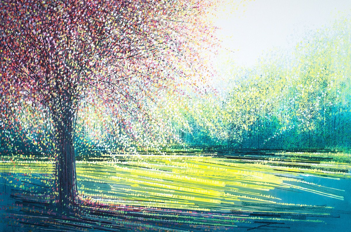 Impressionistic Landscape Acrylic Painting By Marc Todd, 30 X 20", Spring Blossom Tree, Original Artwork