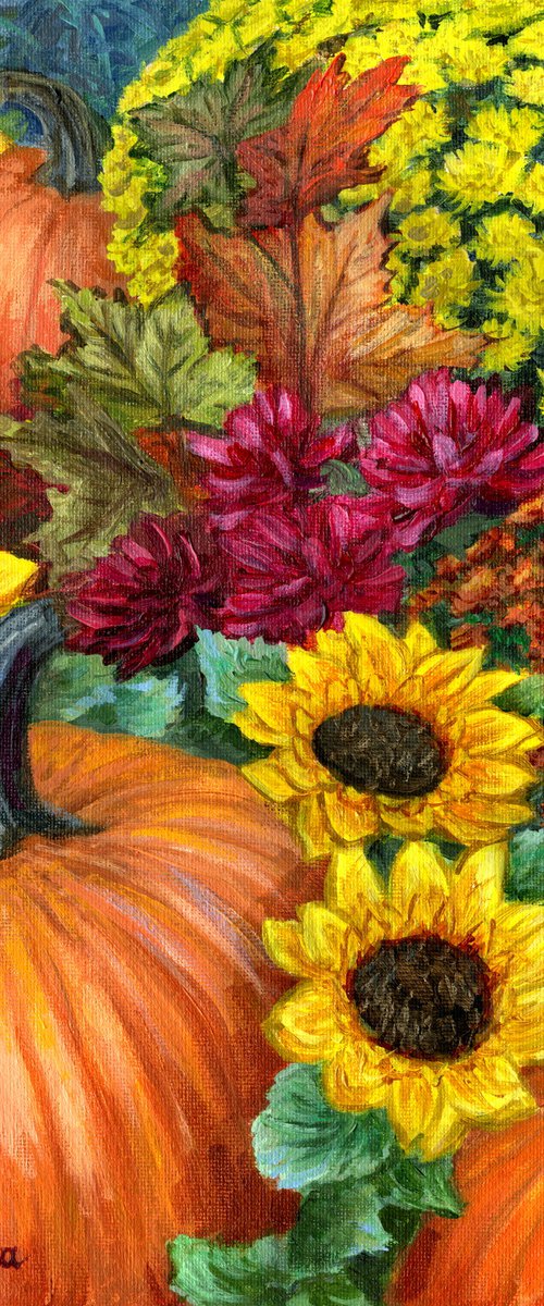 Pumpkin and Fall Flowers by Steph Moraca