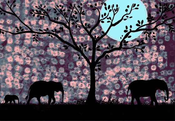 Elephants at Sunset africa animal elephant print floral purple Edition