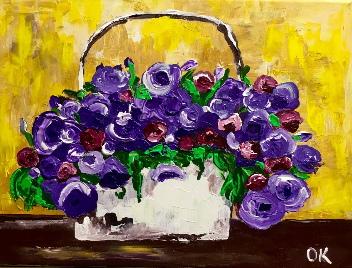 Wild Purple and Bordeaux Flowers #4 in a White Basket by Olga Koval