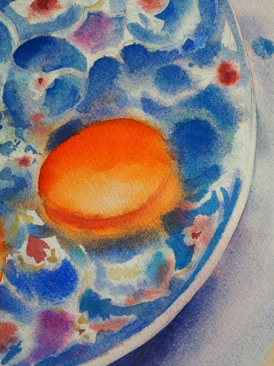Still life with apricots on a turkish plate - original watercolor turquoise patterns