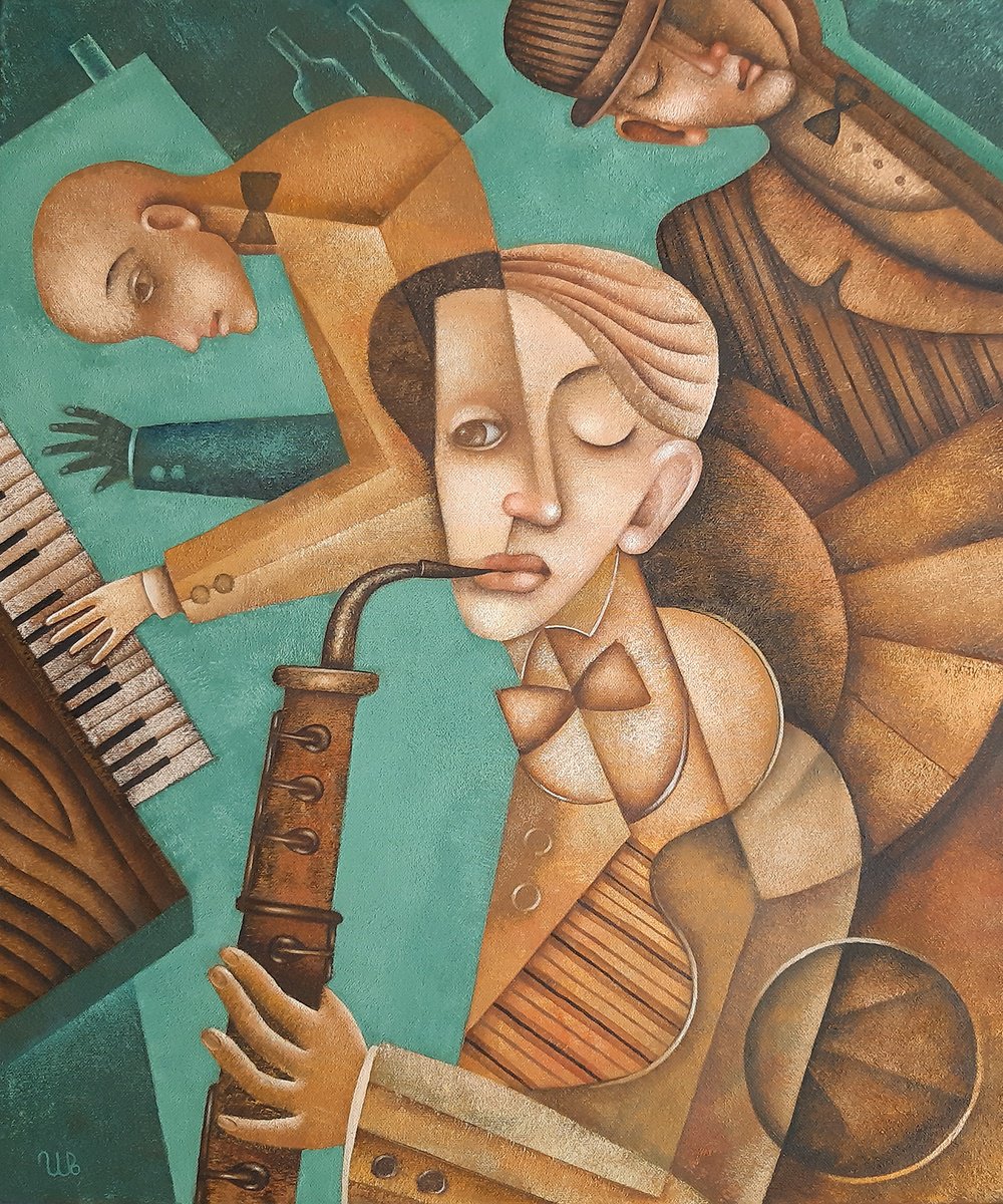 Geometric Portrait Oil Painting By Eugene Ivanov, 20 X 24, Lullaby Of Birdland, Original Artwork