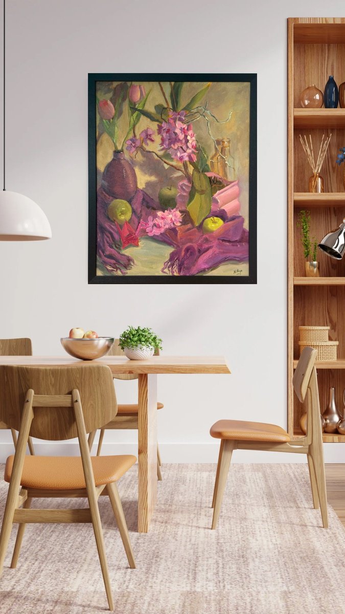 Impressionistic Still Life Oil Painting By Nithya Swaminathan, 17 X 21", Arrangement In Green And Purple, Original Artwork