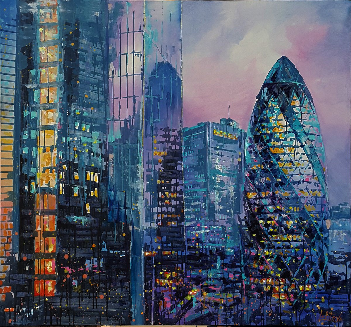 Expressive Landscape Acrylic Painting By Viktoria Lapteva, 55 X 51", London Mary Axe Tower, Original Artwork