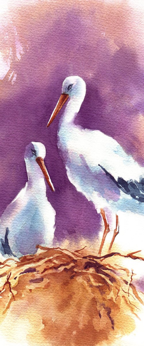 Original watercolor painting "Storks" by Ksenia Selianko