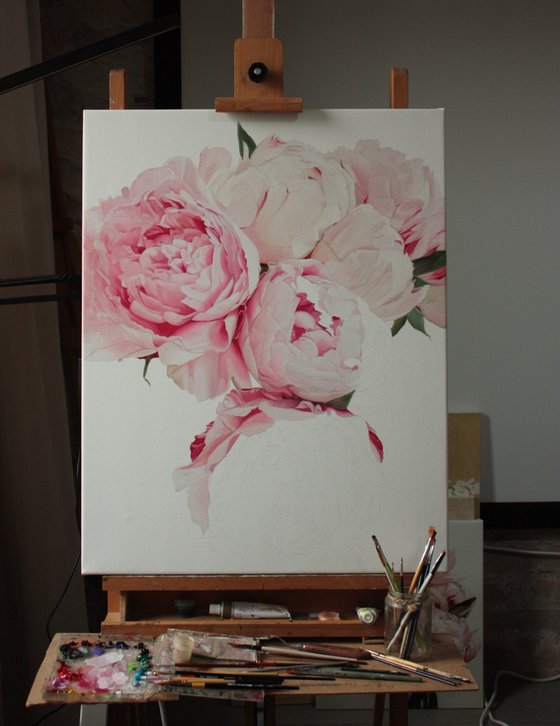 Pink peonies on a white background