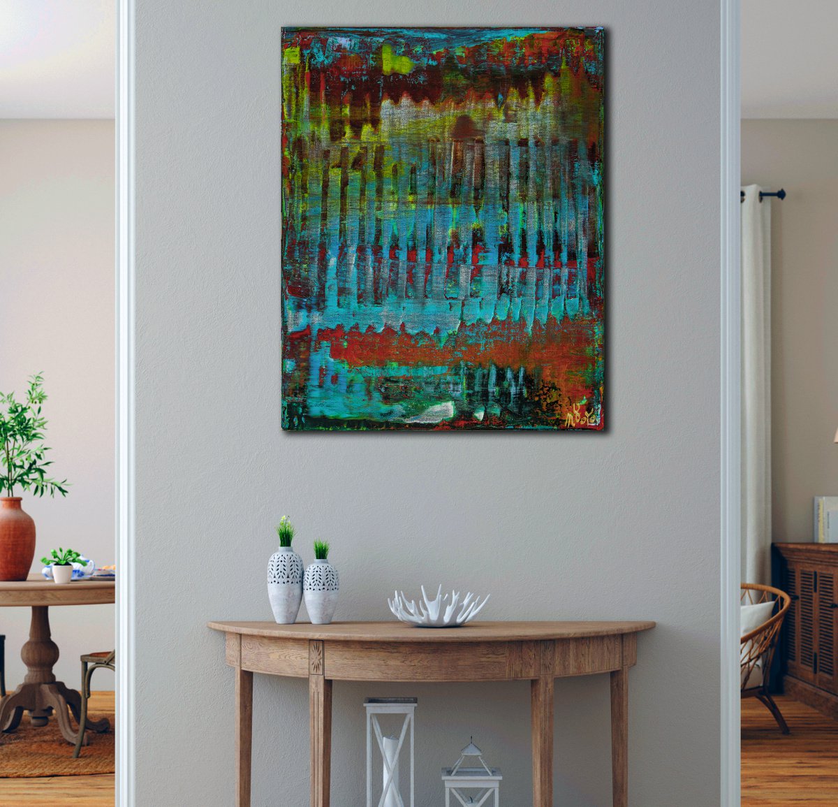 Abstract Acrylic Painting By Nestor Toro, 16 X 20", Infinity Terrain (With Turquoise), Original Artwork