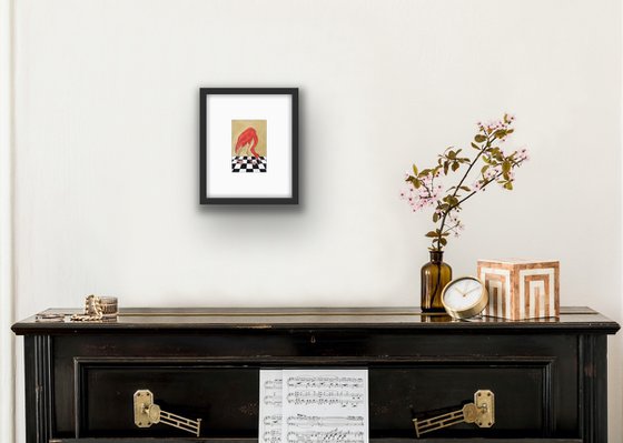 Bird portrait of a flamingo on a chessboard, gift idea for bird lover