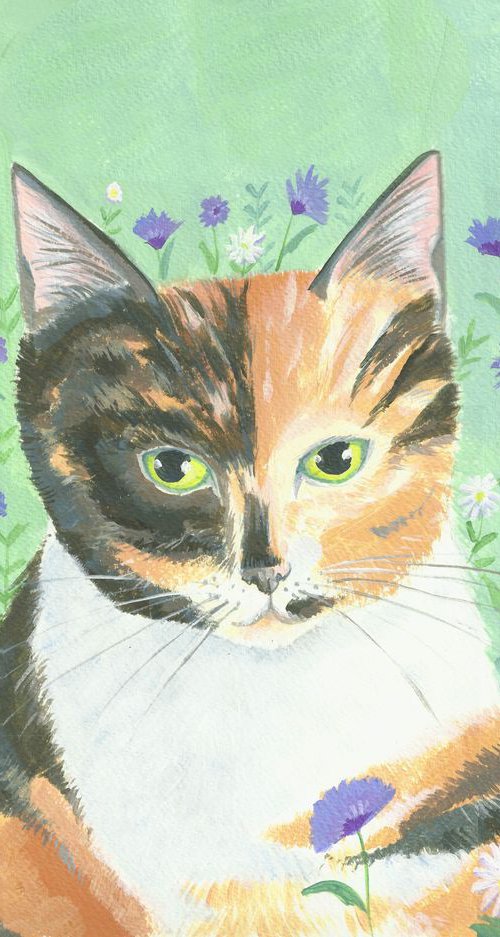 Calico cat with cornflowers by Mary Stubberfield