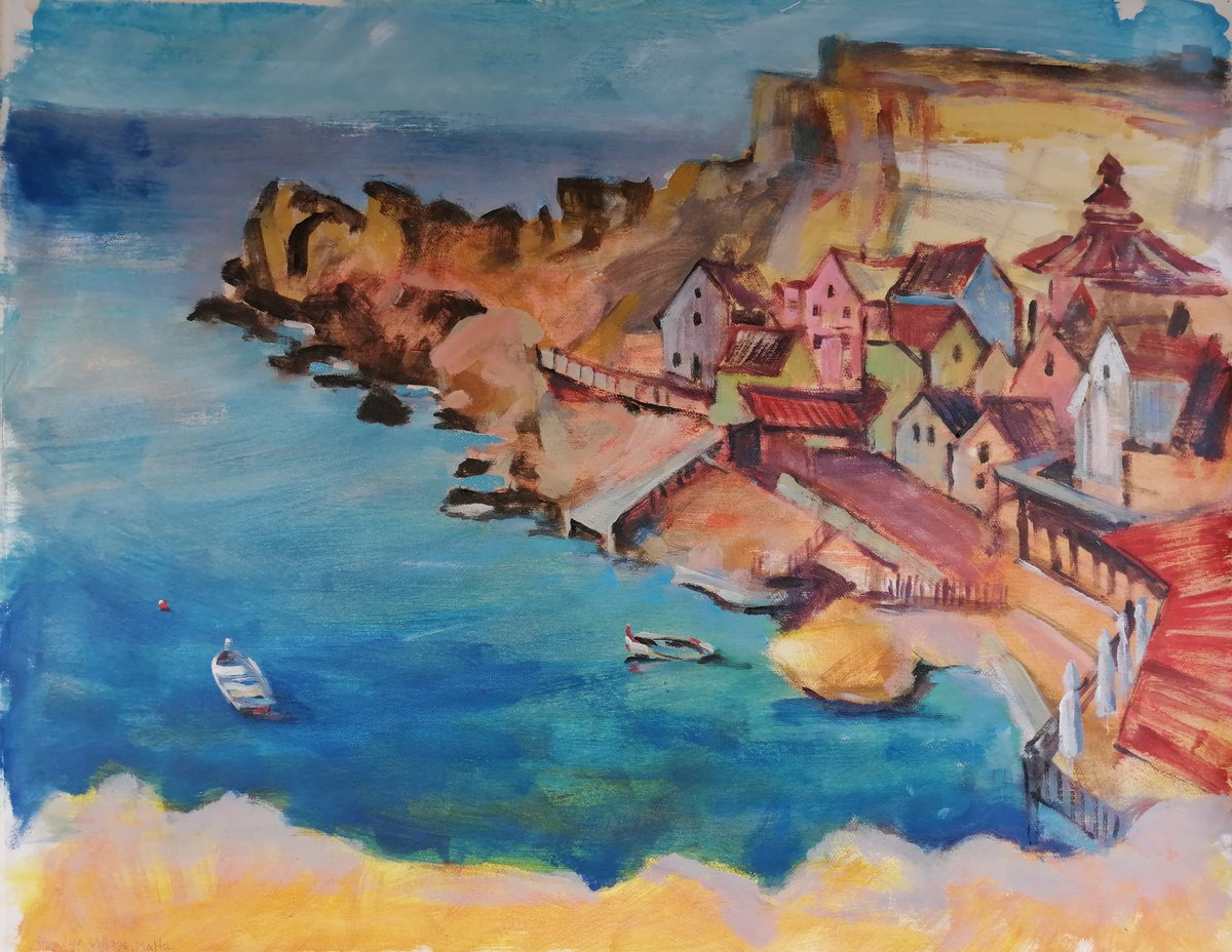 Urban And Pop Cityscapes Acrylic Painting By Olga David, 28 X 23", Popeye Village, Original Artwork