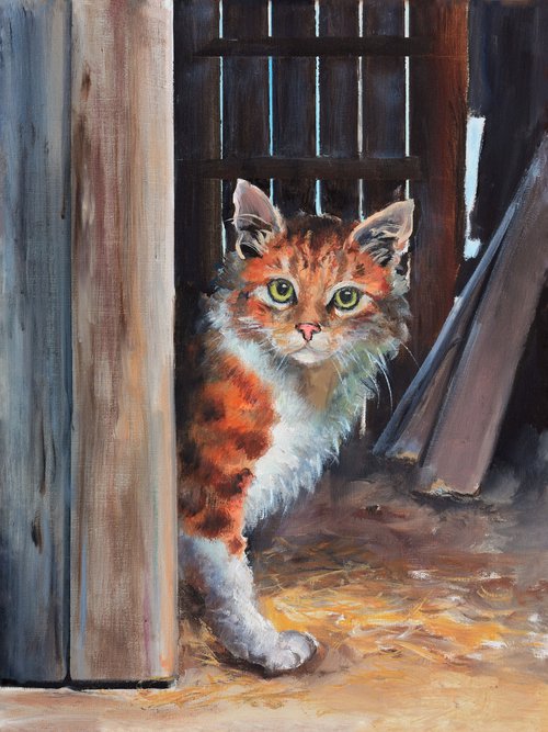 Tabby orange cat in a barn by Lucia Verdejo