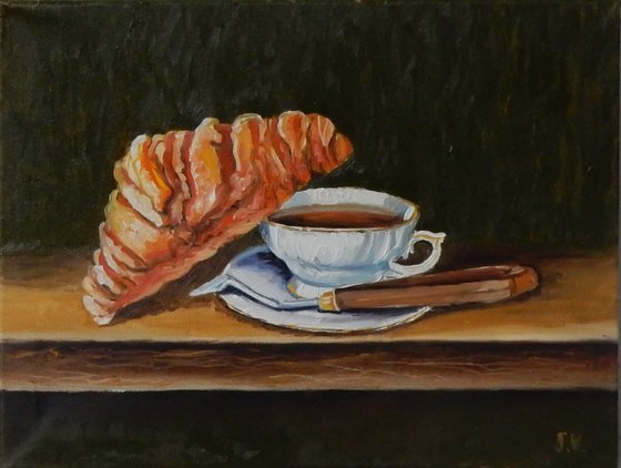 Artist's breakfast, croissant, cup of tea, palette knife . Still life. 30x40cm