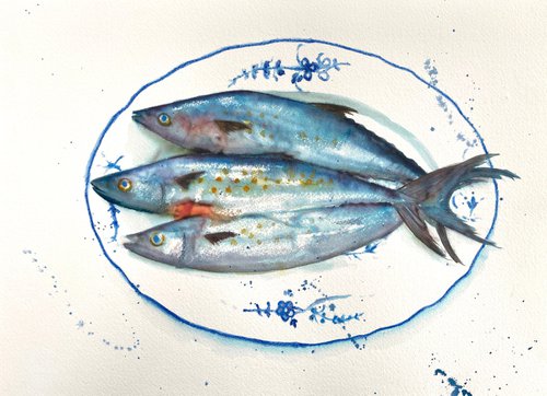 Fish on a blue and white plate by Teresa Tanner