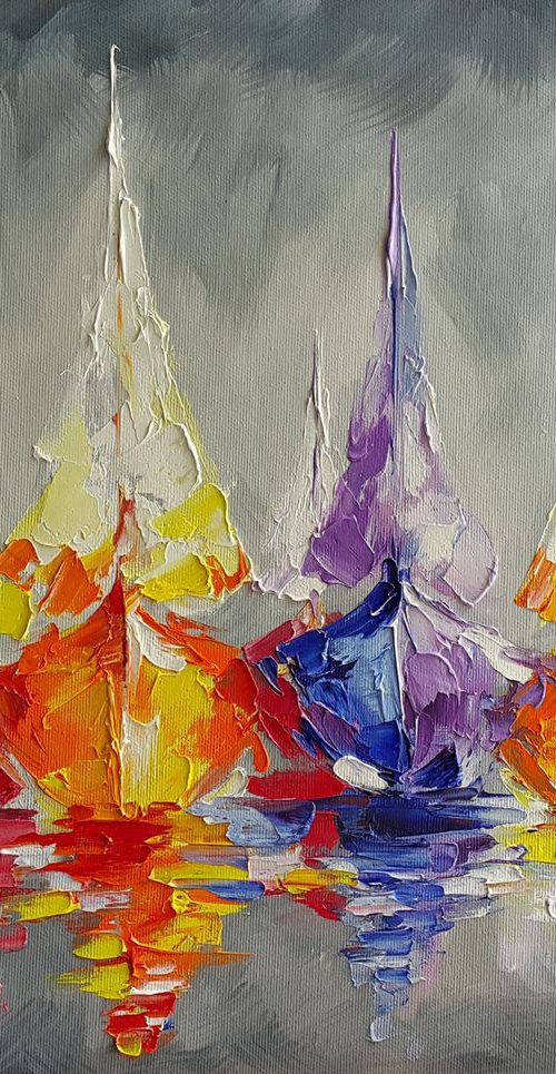 In the distant ocean - yacht, oil painting, seascape,  landscape, yacht original painting, gift, sea with yachts, modern painting, Impressionism, palette knife by Anastasia Kozorez