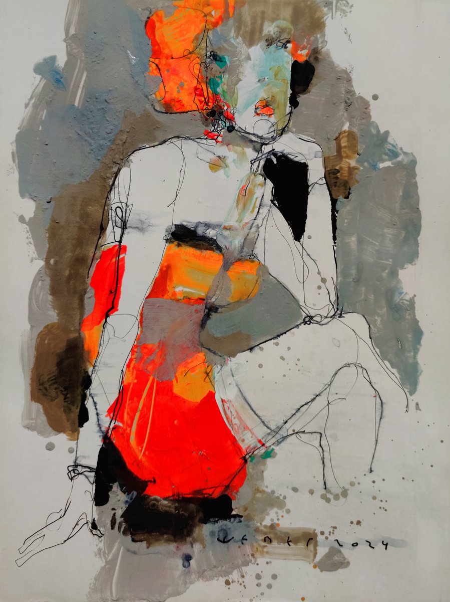 Expressive Portrait Acrylic Painting By Victor Sheleg, 12 X 16", She Is Wearing Red Today, Original Artwork