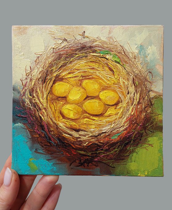 Golden eggs painting canvas oil original, Small art framed painting 6x6, Egg nest painting miniature wall art