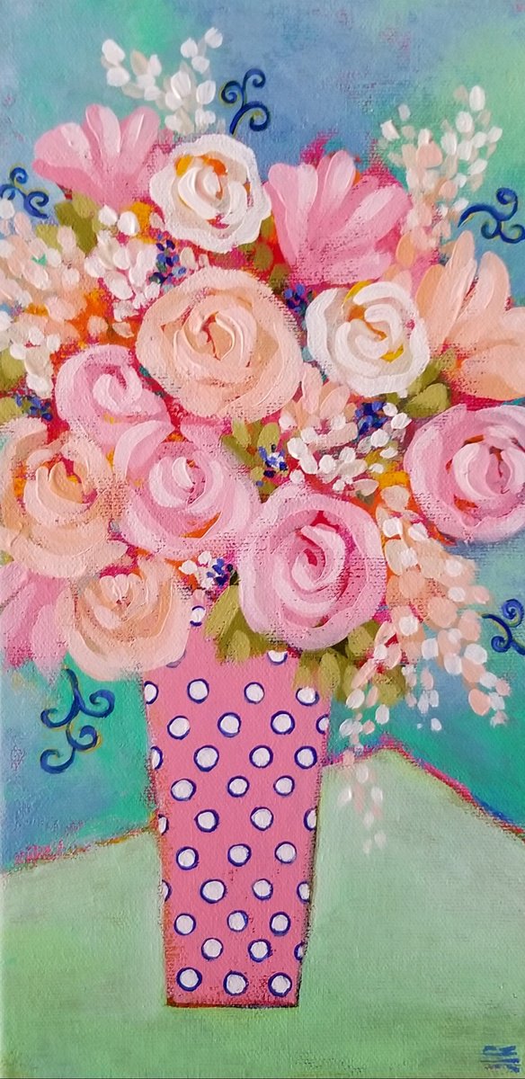 Impressionistic Botanical Acrylic Painting By Karen Rieger, 6 X 12", Pink Says Hello, Original Artwork