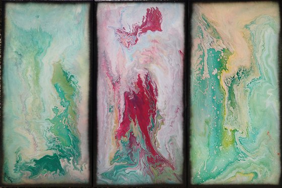 Blue fluid triptych A1117 Abstract art - pouring Paintings on canvas - Original Contemporary Large Acrylic painting by Ksavera