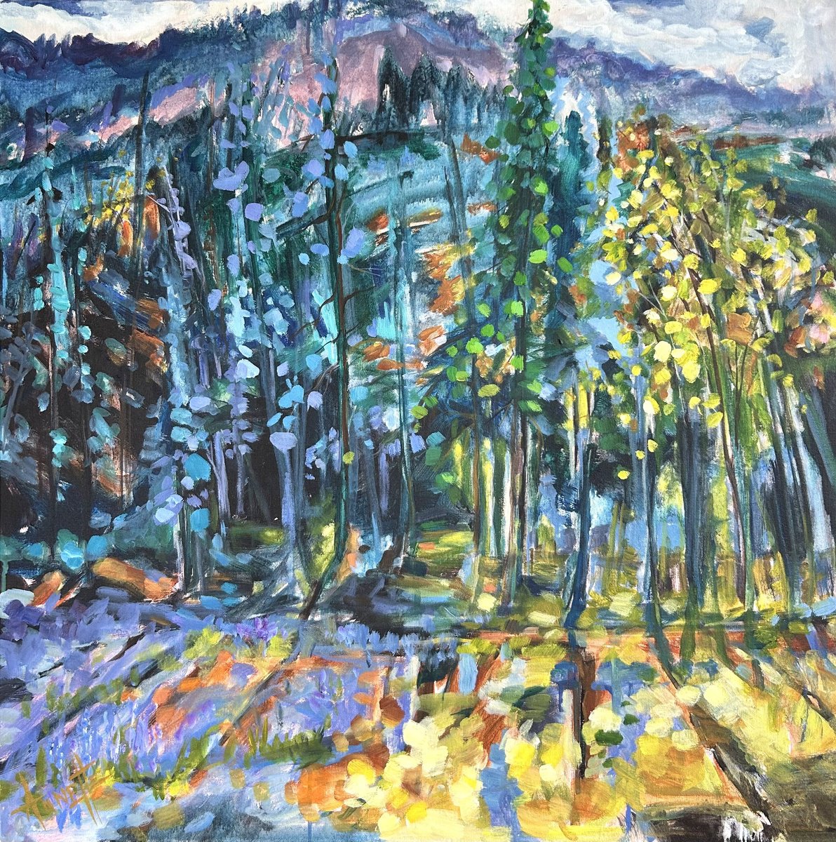 Impressionistic Landscape Acrylic Painting By Annette Wolters, 30 X 30, Standing In The Rainbow, Original Artwork