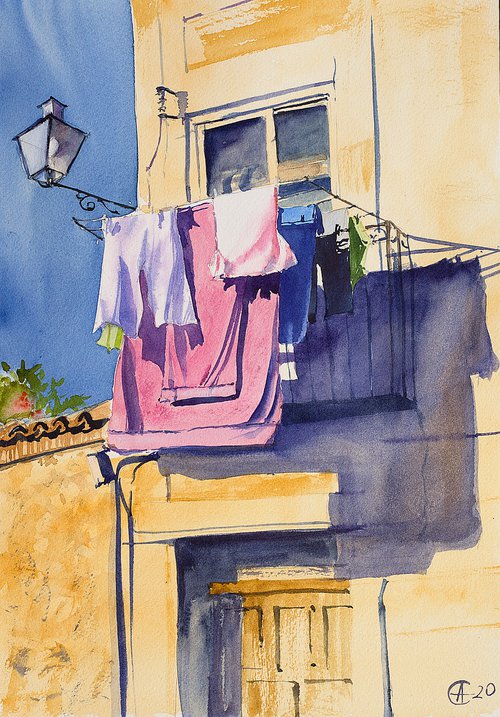 Window. Segovia old town details. Small watercolor painting shadow impressionistic Spain Travel trip architecture street light details by Sasha Romm