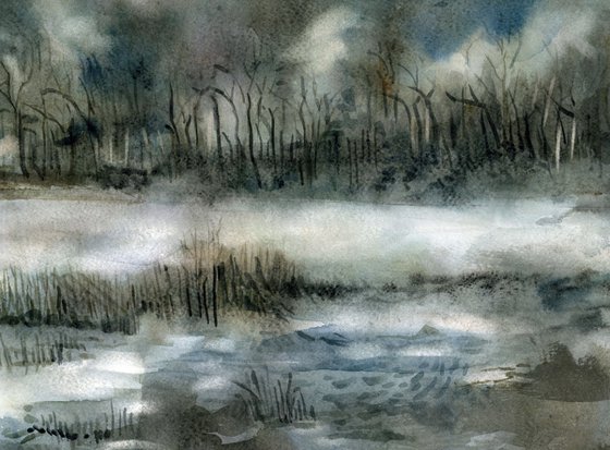 morning lake mist watercolor