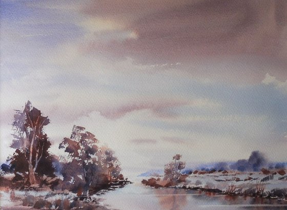 LATE SNOW, River Severn, Worcestershire. 2017. Original watercolour landscape painting.