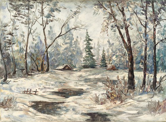 Forest Cabin in the Snowfall