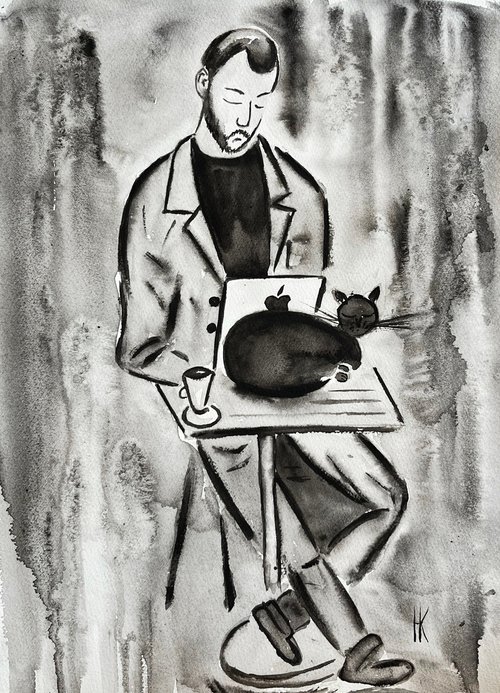 Man and Cat. Morning Coffee with the Best Friend. Original Watercolor Painting by Halyna Kirichenko