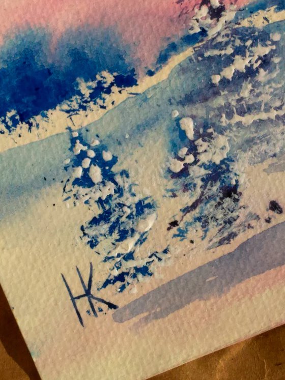 Appalachian Winter Painting Christmas Original Art Mountains Small Winter Forest Watercolor Landscape Artwork Home Wall Art 10 by 7" by Halyna Kirichenko