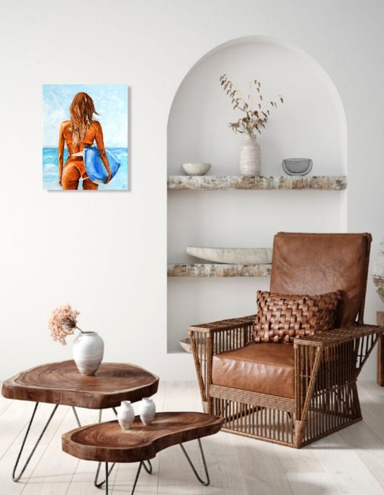 Fresh wind, Surfer Girl Painting Original Art Surf Artwork Coastal Wall Art 40x50 cm ready to hang