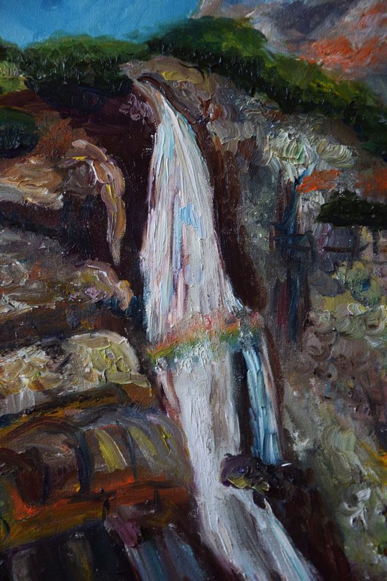 Oil original painting Waterfall in mountains Slovakia