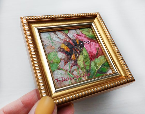 Bumblebee art oil painting original 3x3, Bee artwork green pink in gold frame, Honey bee wall art tiny, Dad gift