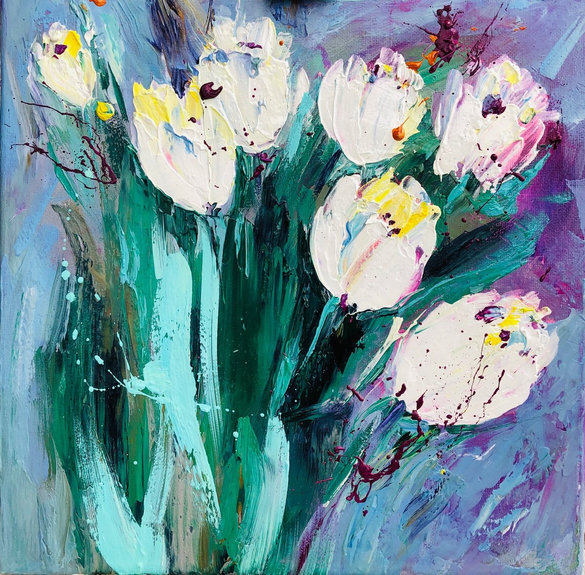 Abstract Botanical Oil Painting By Svitlana Andriichenko, 14 X 14", White Tulips, Original Artwork