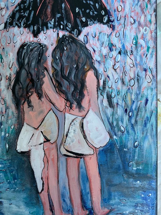 Acrylic Painting of Two Sisters People Portrait Blue Canvas Painting Ready To Hang