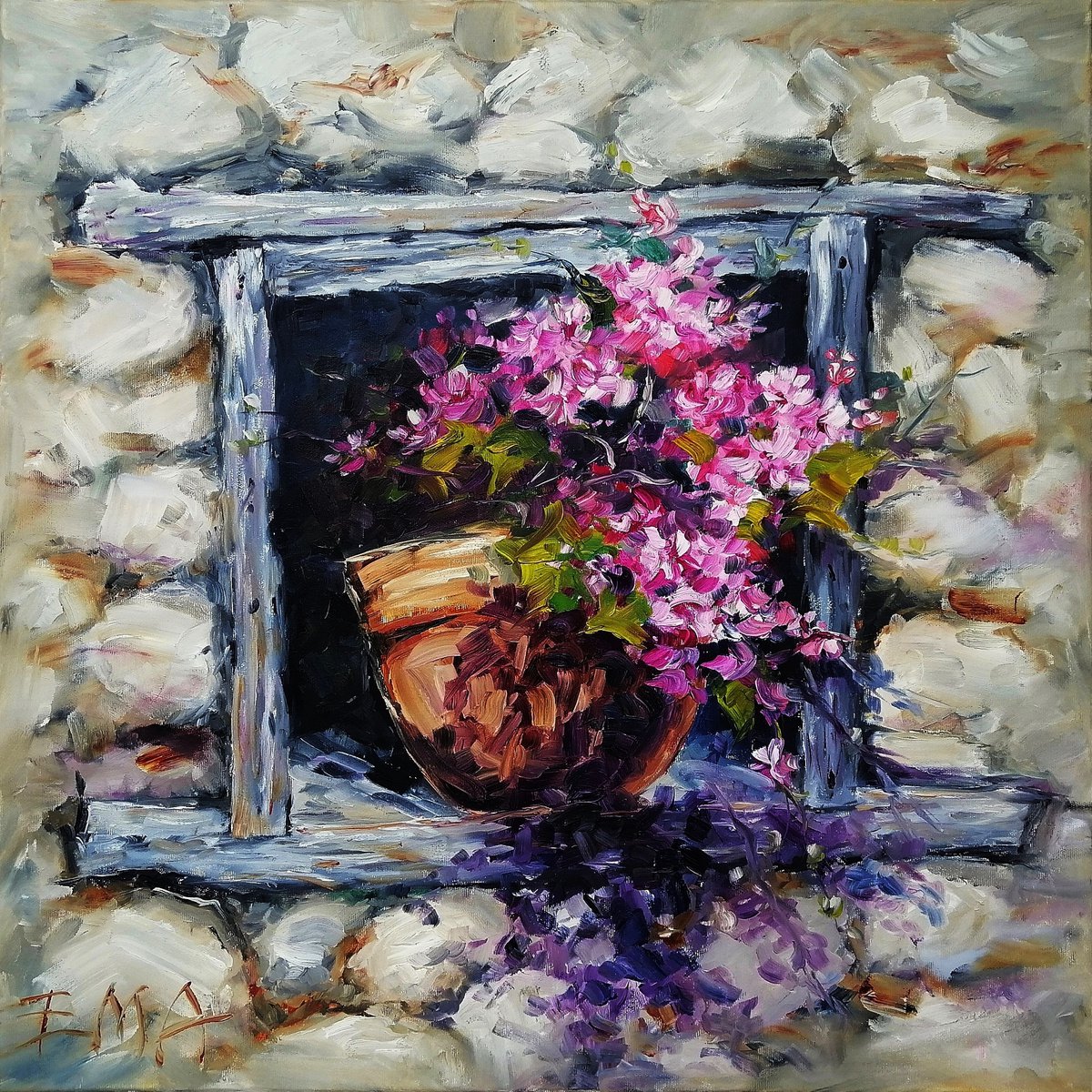 COUNTRY LIFE, 70x70cm, pink flowers by Emilia Milcheva